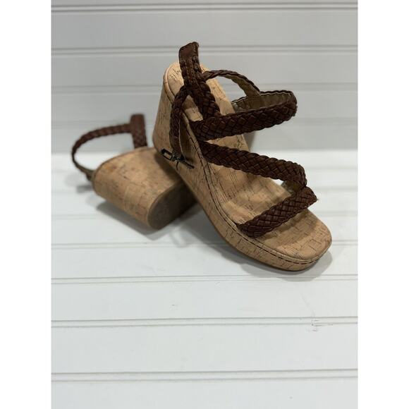 Born BOC Chrissy Womens Size 7 Cork Wedge Brown Braided Sandals Born Summer Shoe - Picture 1 of 8